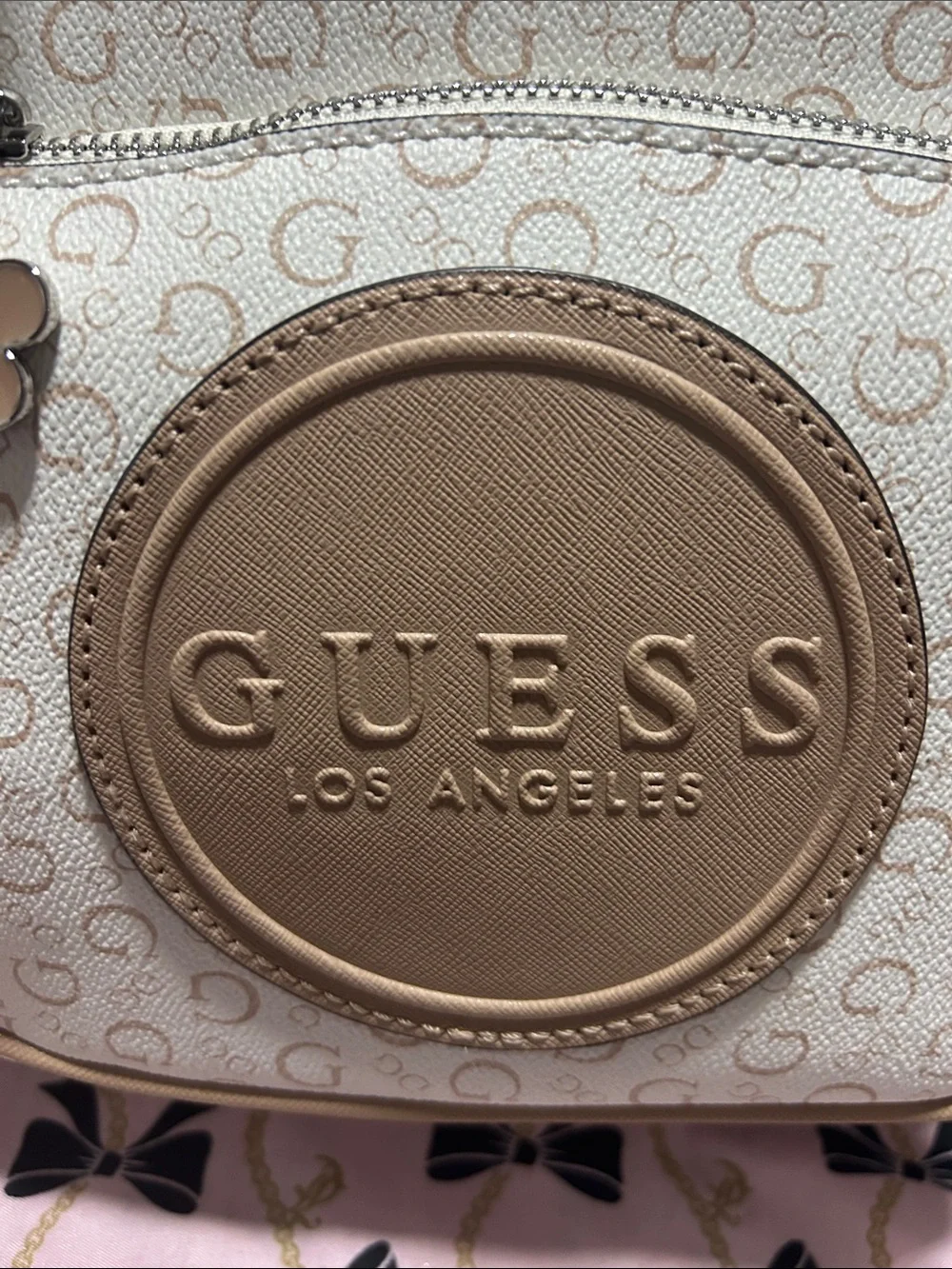 GUESS Cream and Tan Logo Mini Backpack
